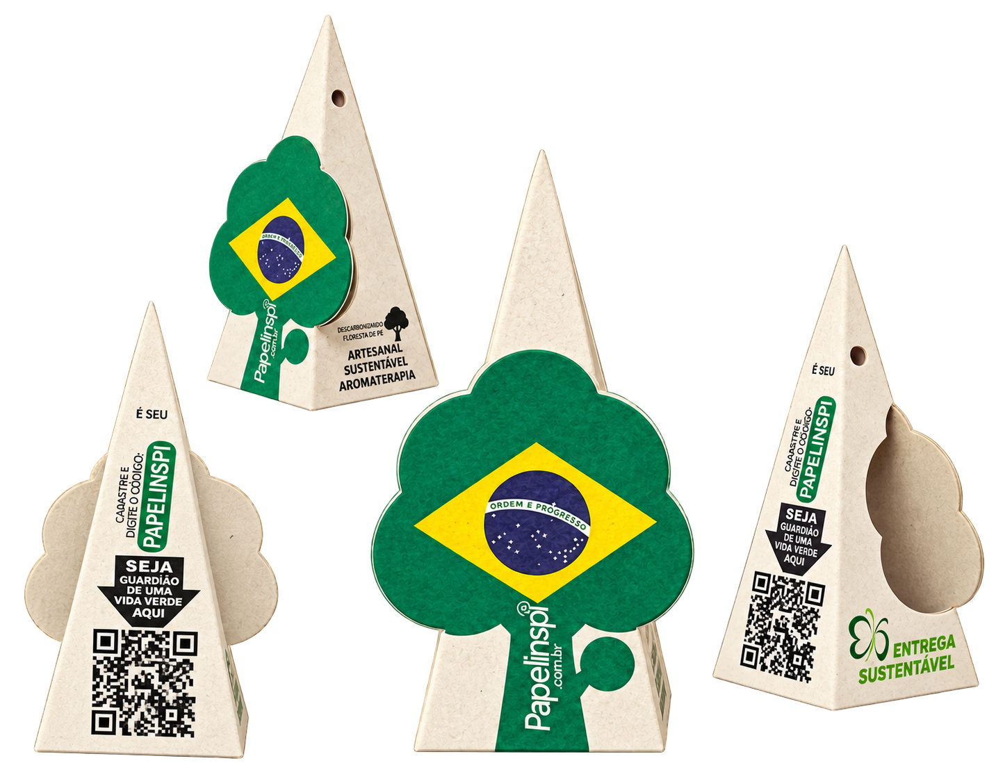 Papelinspi em quatro ângulos: aromatizador em forma de árvore e embalagem triangular.